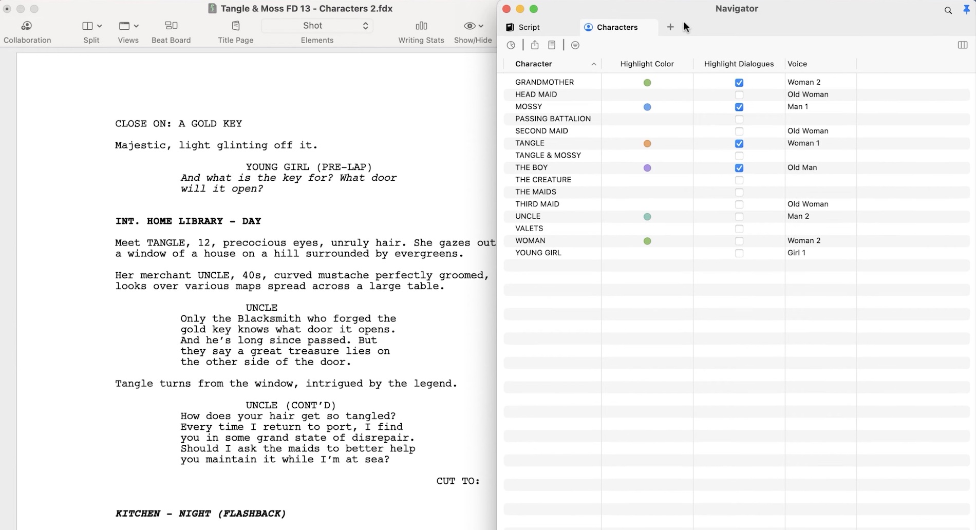 Characters tab in Final Draft 13