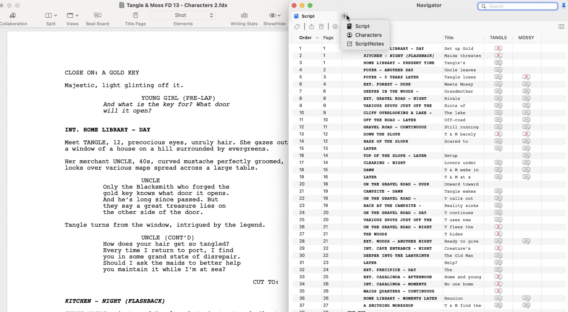 Where to open tabs in the Navigator section in Final Draft 13